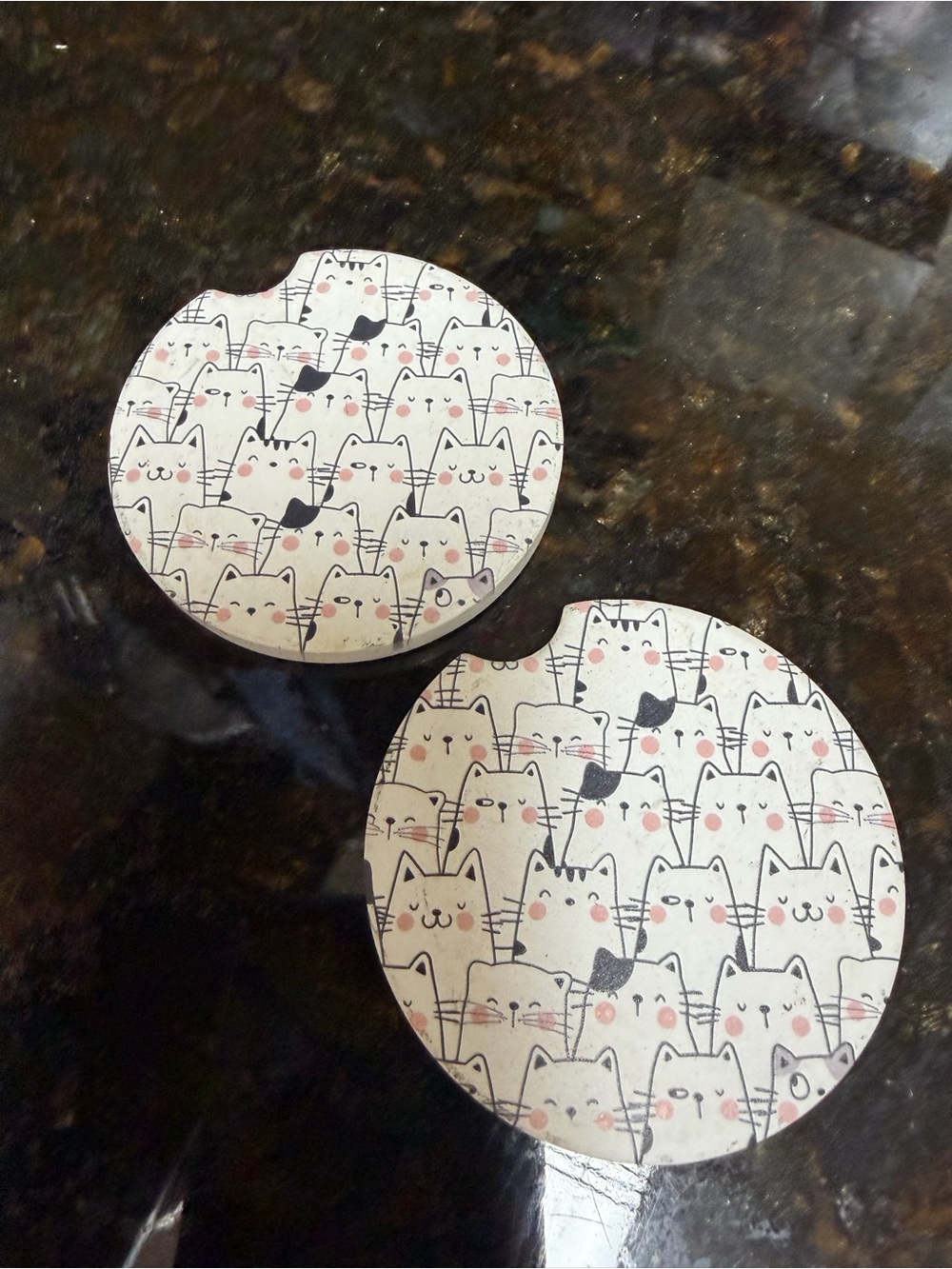 Cute Cat Pattern Car Coasters - Cream with Black & Pink Accents